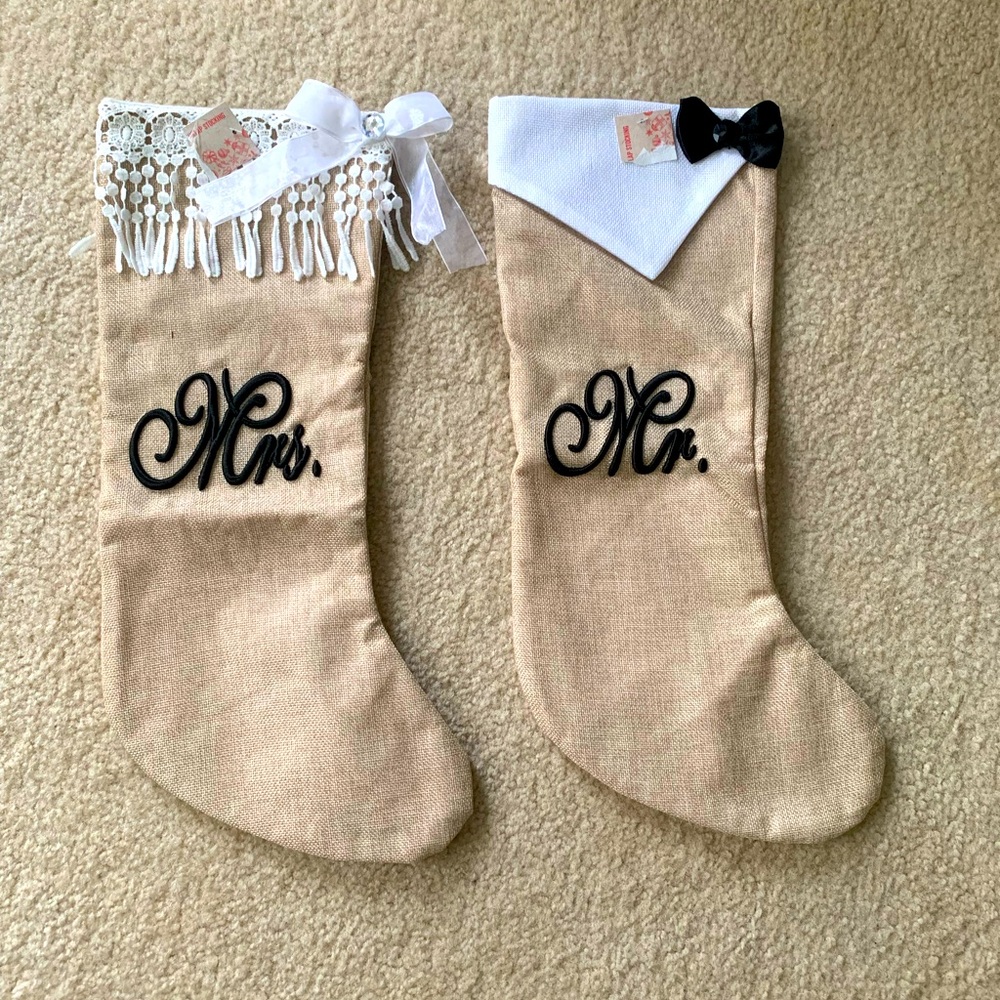 Mr And Mrs Embroidered Burlap Christmas Stockings NEW